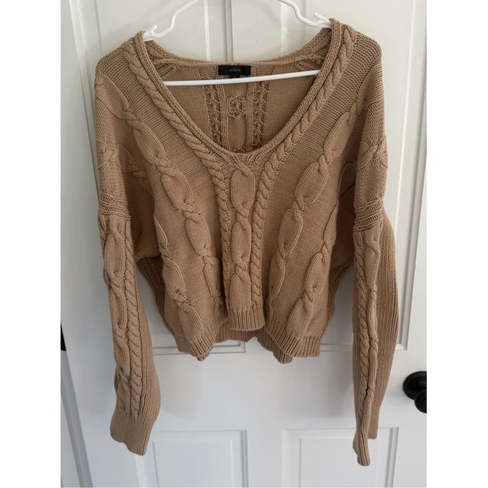 J.Crew V-Neck Cable Knit Sweater‎ Desert Camel Cotton Blend Large